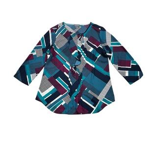 Van Heusen Blue Geometric Blouse 3/4 Sleeve